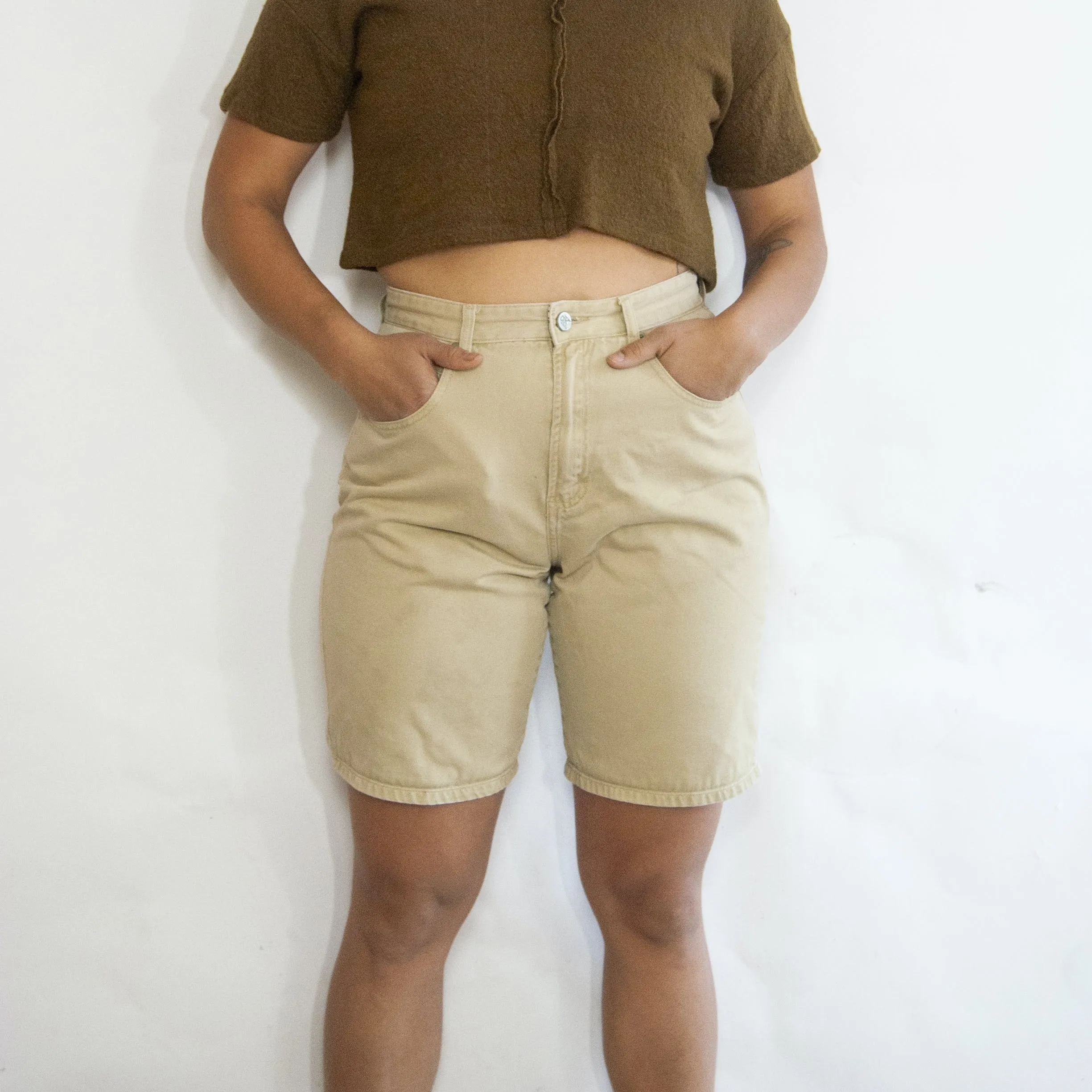 00's Beige High Rise Bermuda Shorts by Calvin Klein