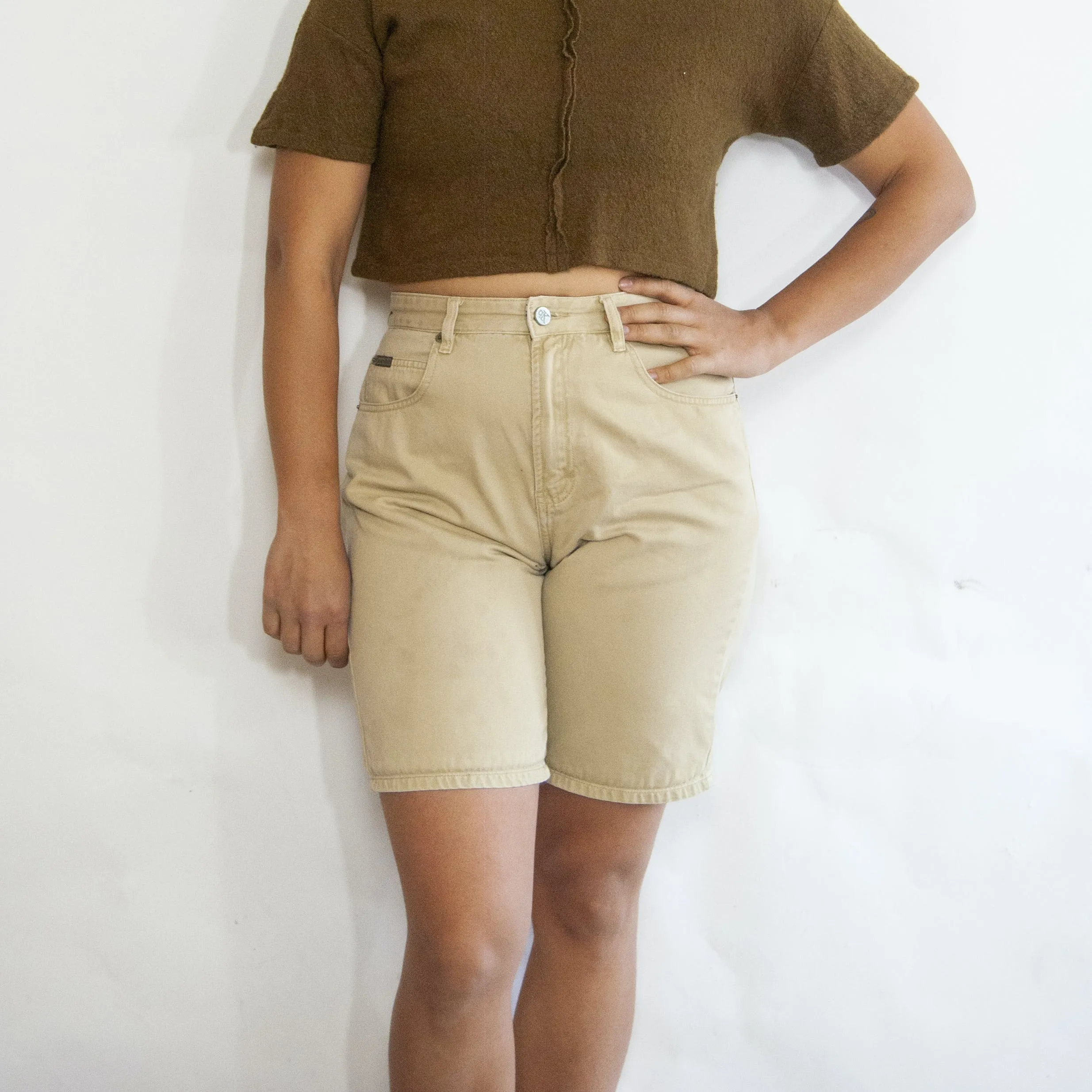 00's Beige High Rise Bermuda Shorts by Calvin Klein