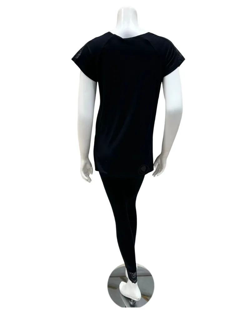 4215 Black Lined Lace Short Sleeved Legging Pajamas Set