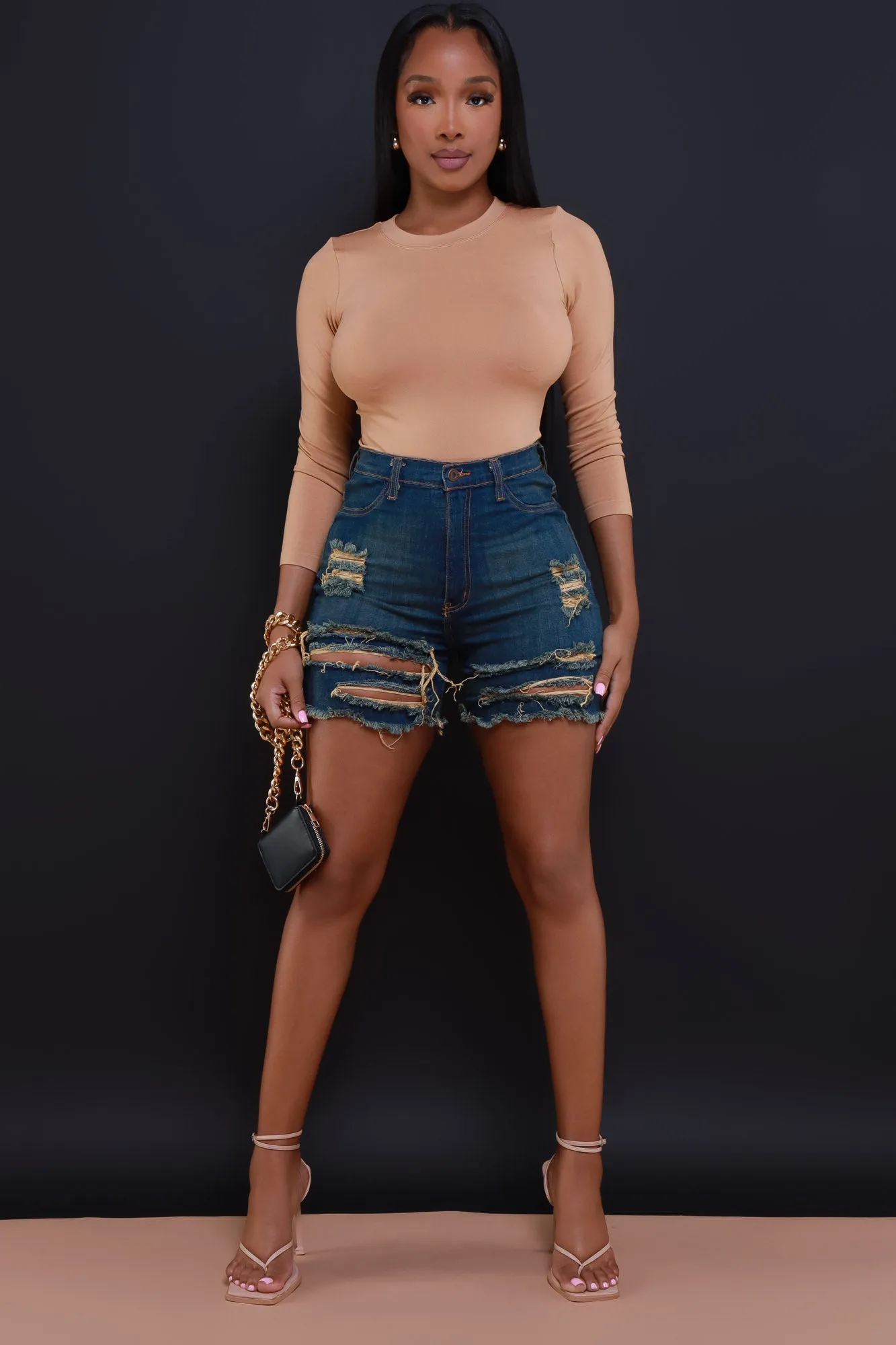 Aftermath High Rise Tinted Distressed Denim Shorts - Dark Wash