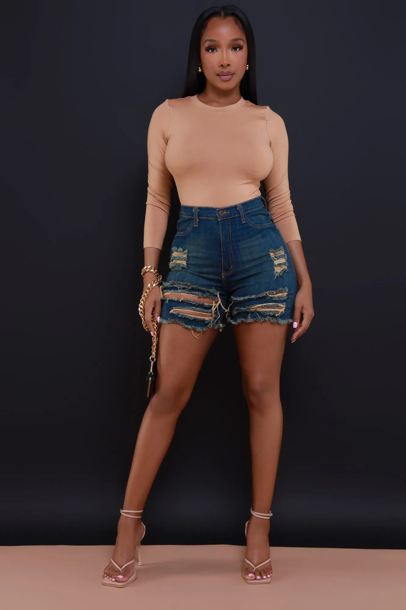 Aftermath High Rise Tinted Distressed Denim Shorts - Dark Wash