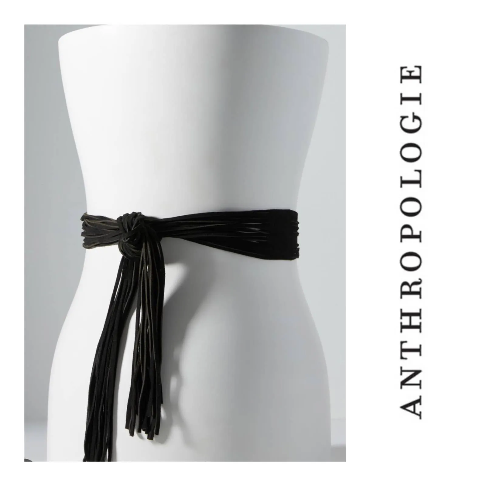 Anthropologie Suede Fringe Tie Belt Plus Size Black New