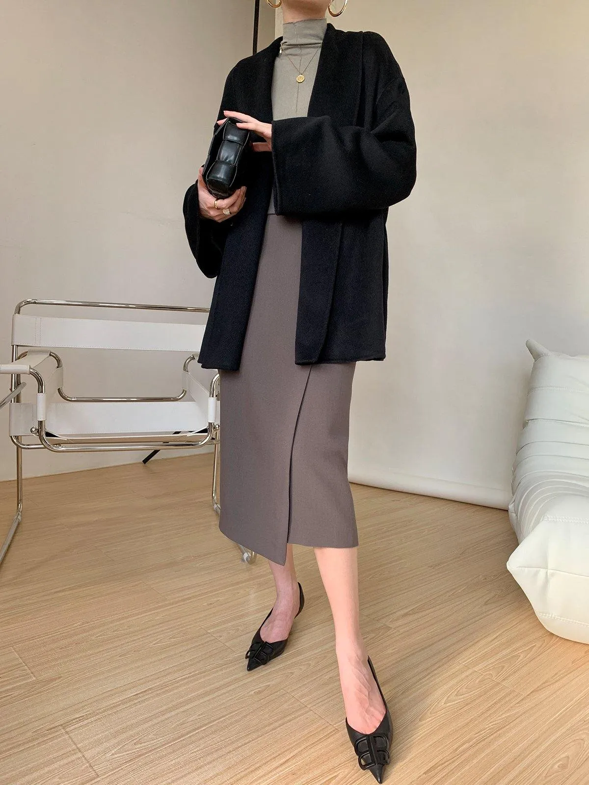Asymmetric Wrap Midi Skirt - Olive Grey