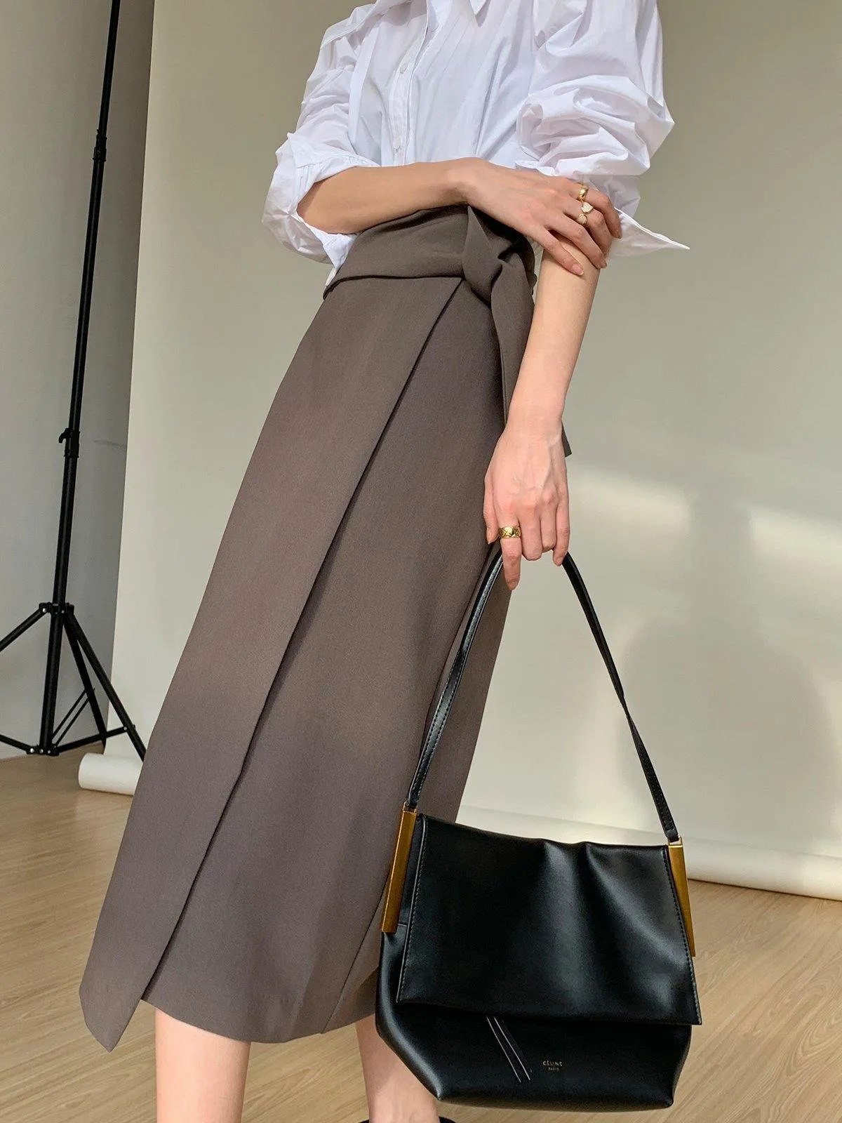 Asymmetric Wrap Midi Skirt - Olive Grey