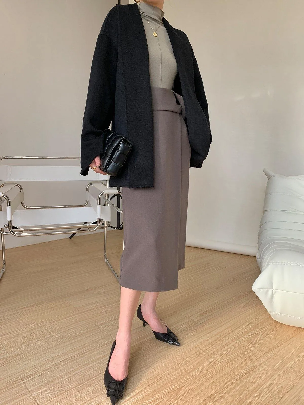 Asymmetric Wrap Midi Skirt - Olive Grey