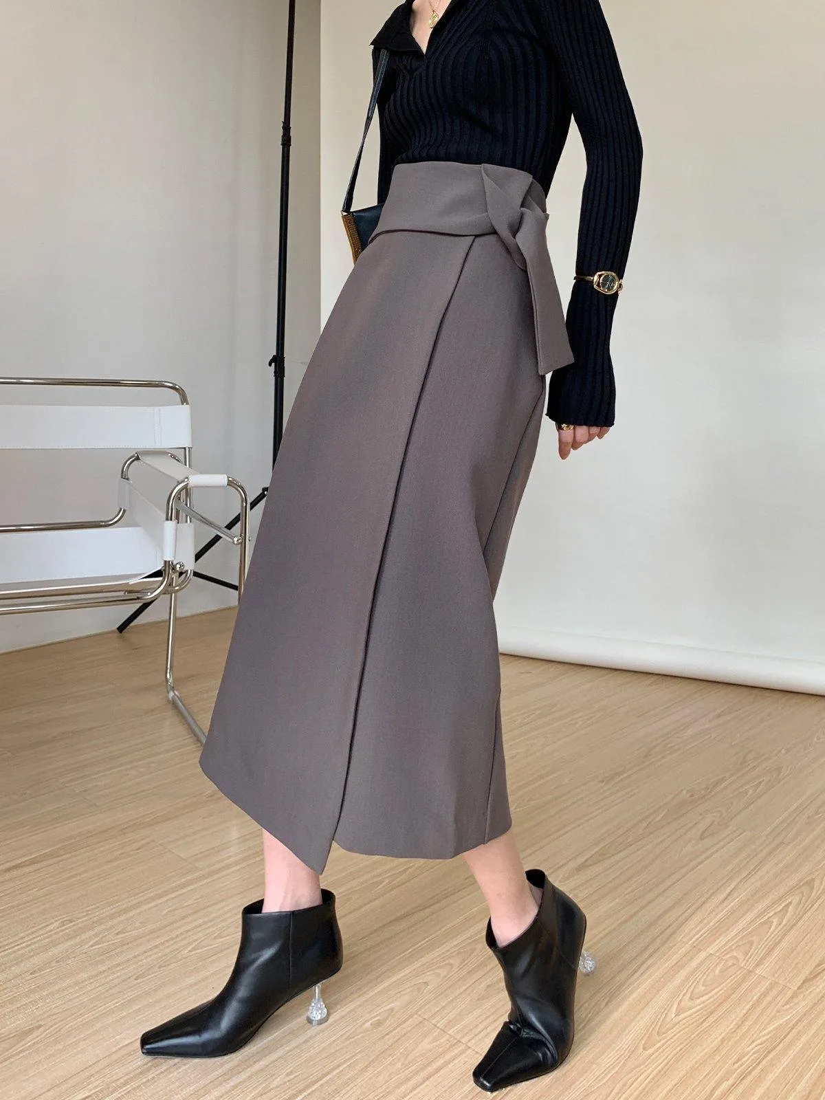 Asymmetric Wrap Midi Skirt - Olive Grey