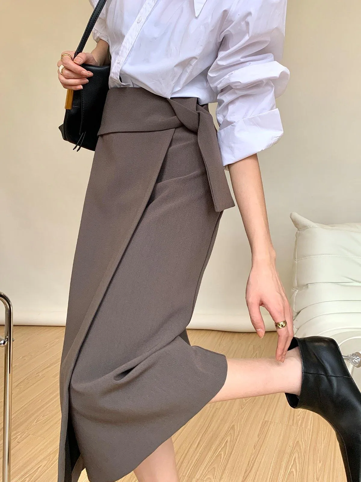 Asymmetric Wrap Midi Skirt - Olive Grey