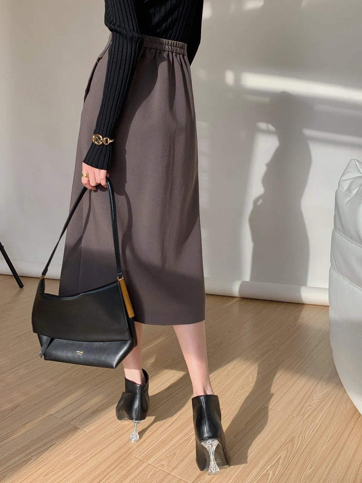 Asymmetric Wrap Midi Skirt - Olive Grey