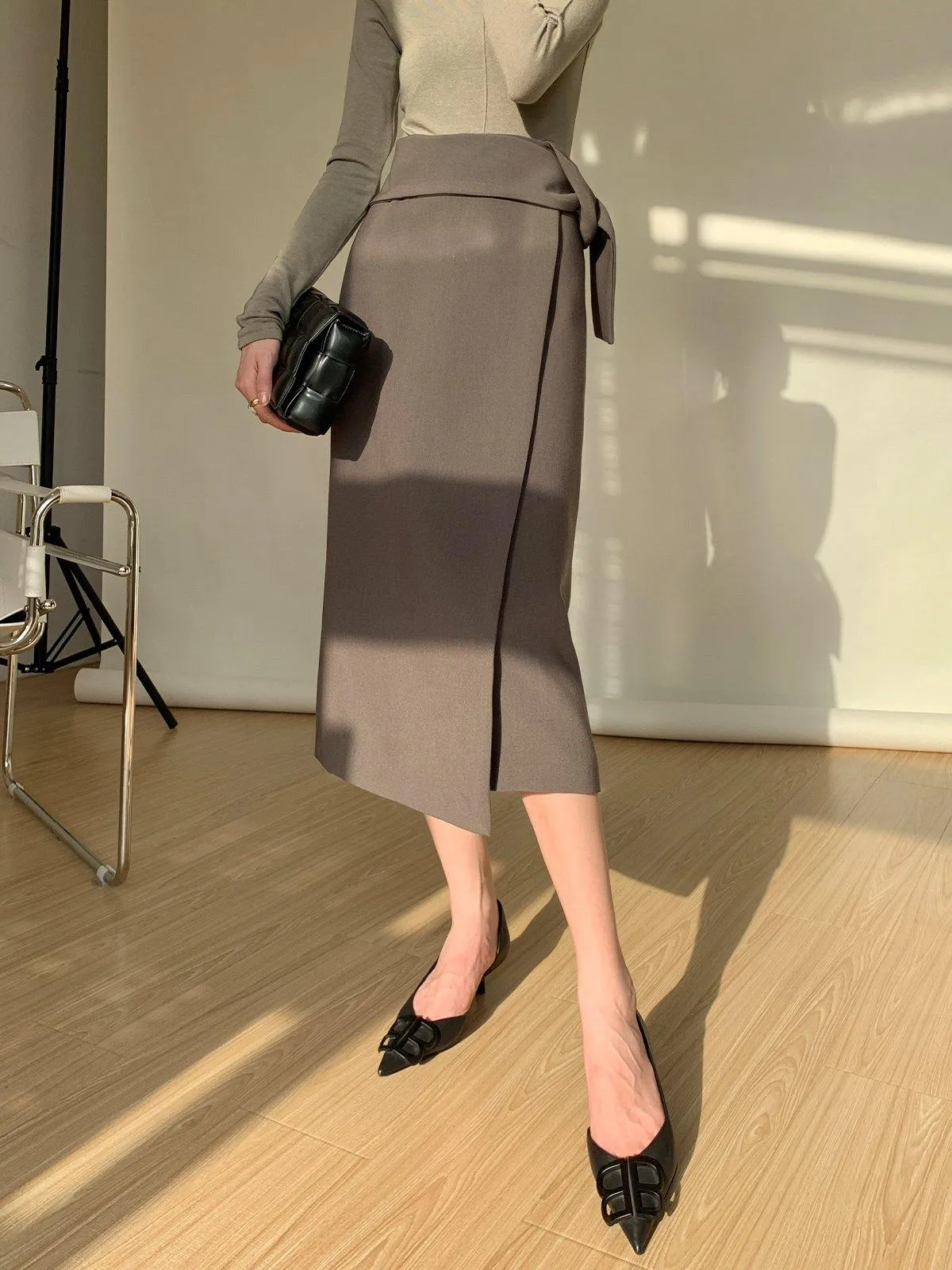 Asymmetric Wrap Midi Skirt - Olive Grey