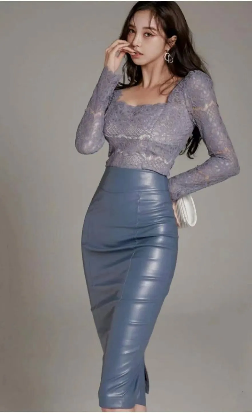 Basic Leather High Waist Midi Pencil Skirt