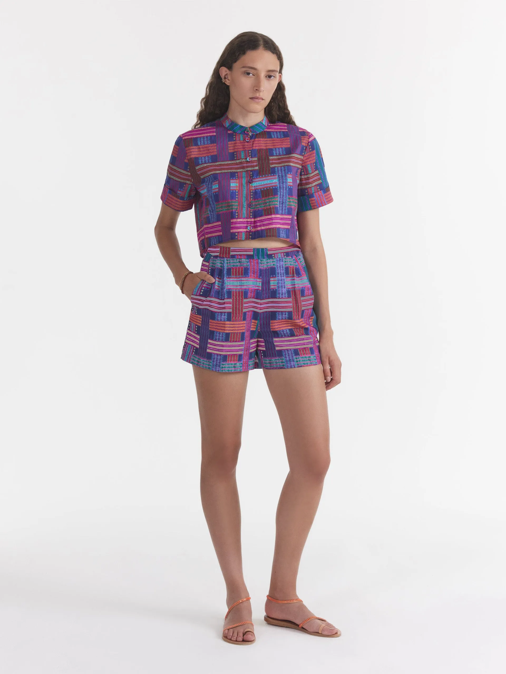 Basketweave indigo wide tailored shorts