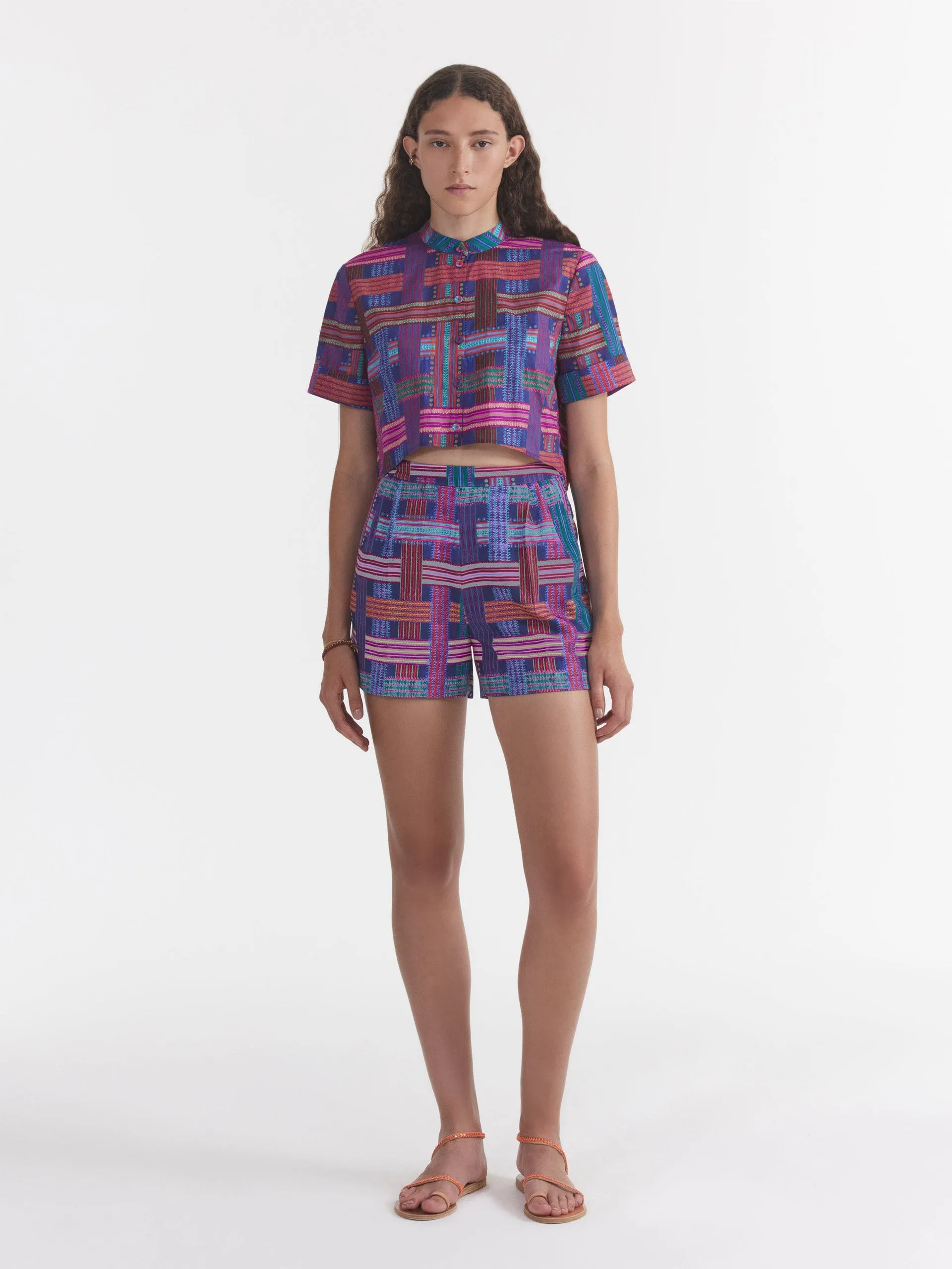Basketweave indigo wide tailored shorts