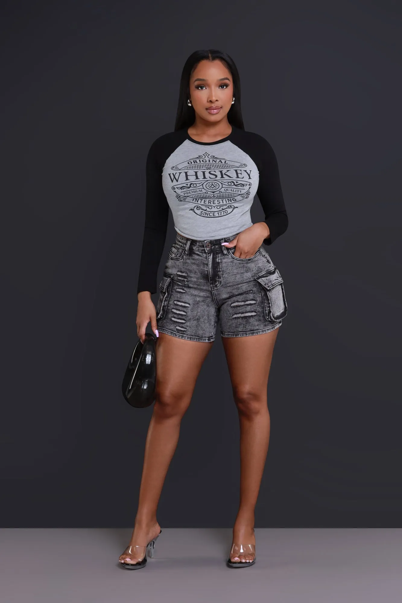 Blow The Whistle Denim Cargo Shorts - Washed Black