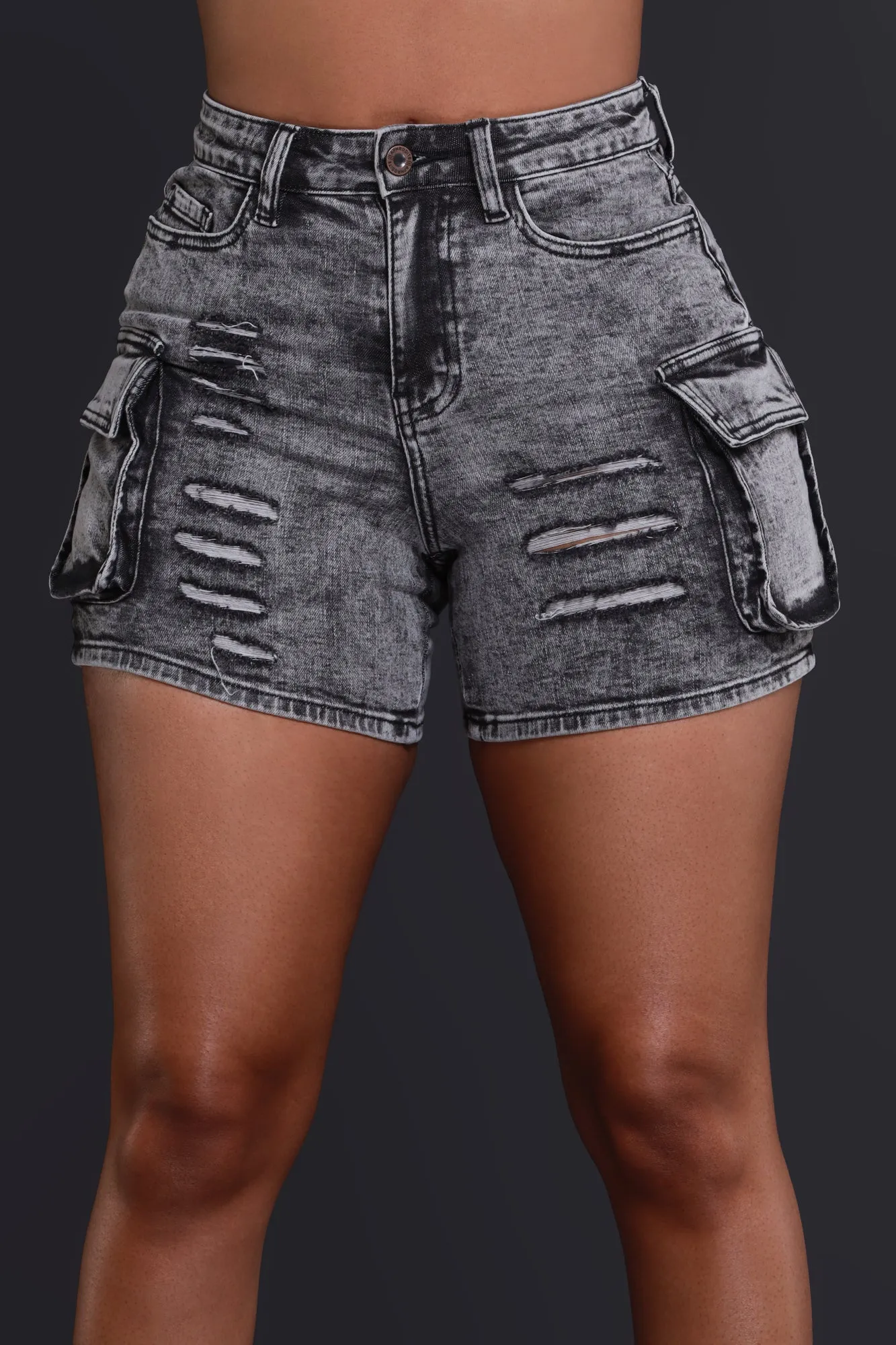 Blow The Whistle Denim Cargo Shorts - Washed Black