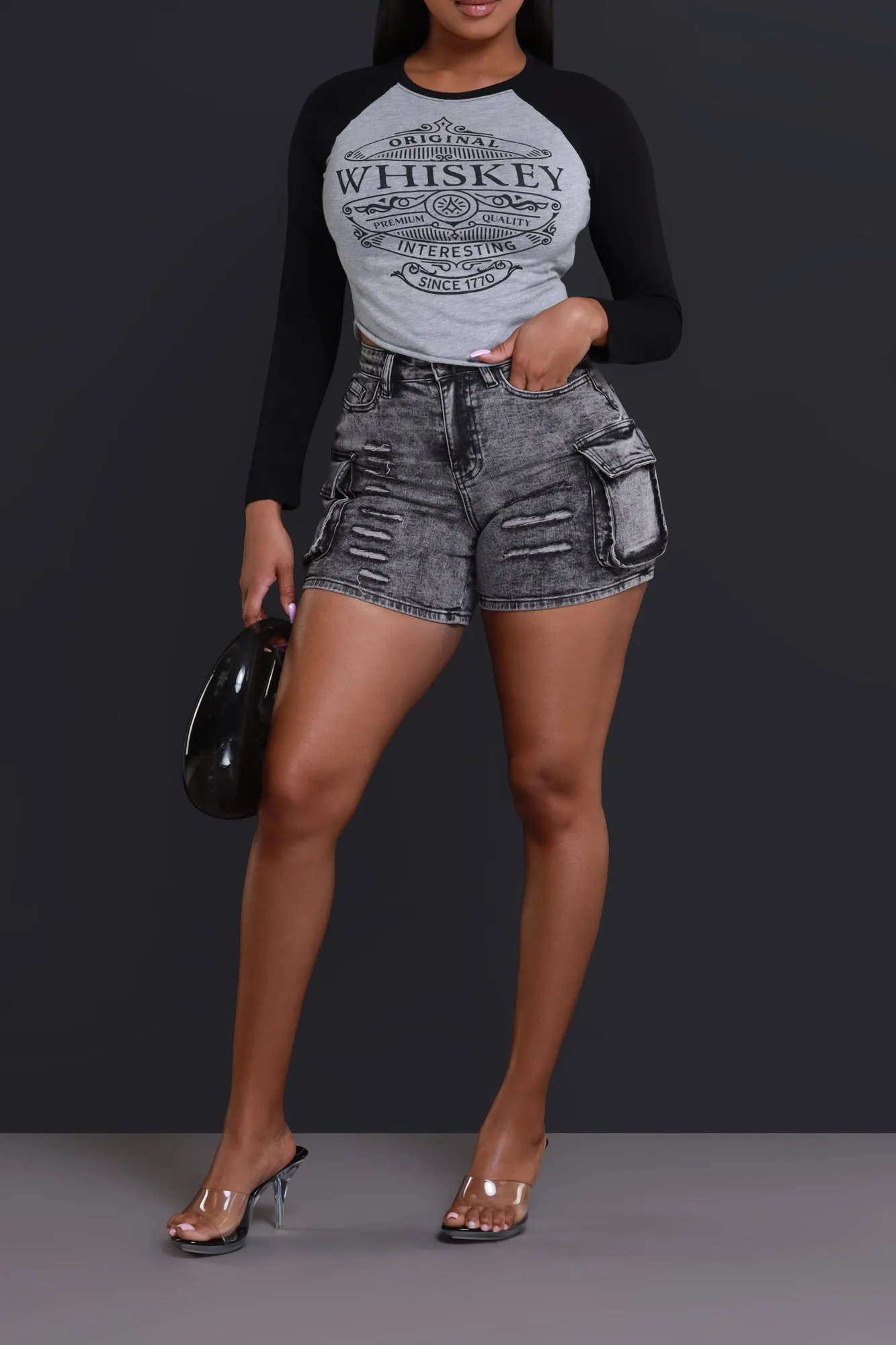 Blow The Whistle Denim Cargo Shorts - Washed Black
