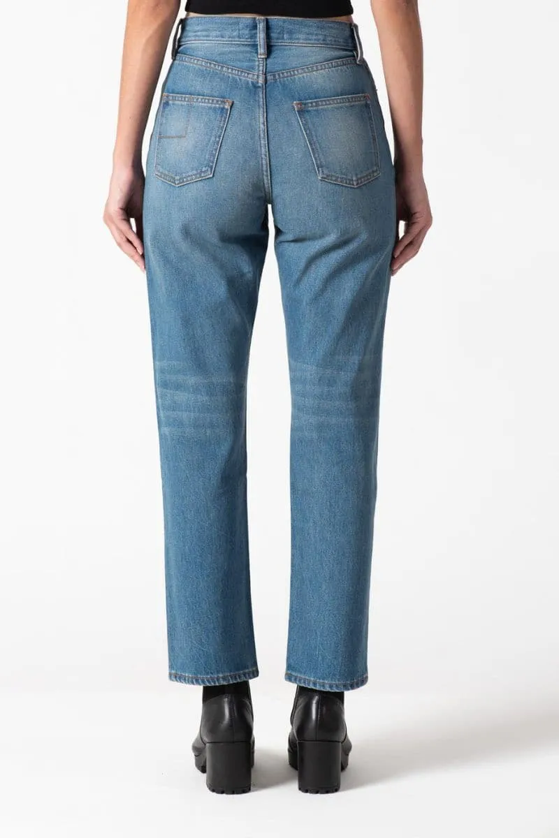 BLUE HIGH-RISE STRAIGHT-LEG JEANS