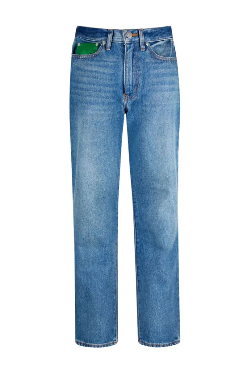 BLUE HIGH-RISE STRAIGHT-LEG JEANS