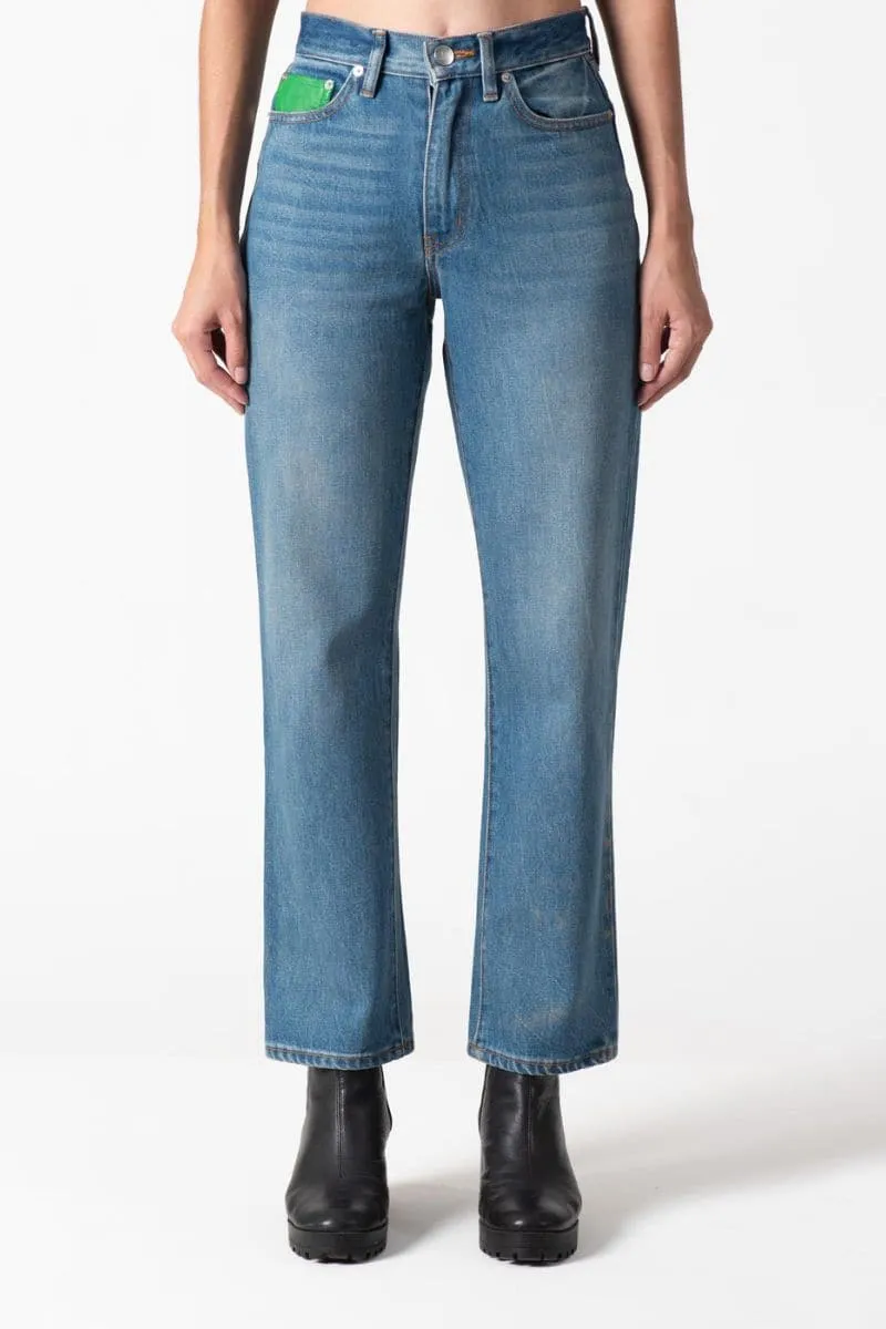 BLUE HIGH-RISE STRAIGHT-LEG JEANS