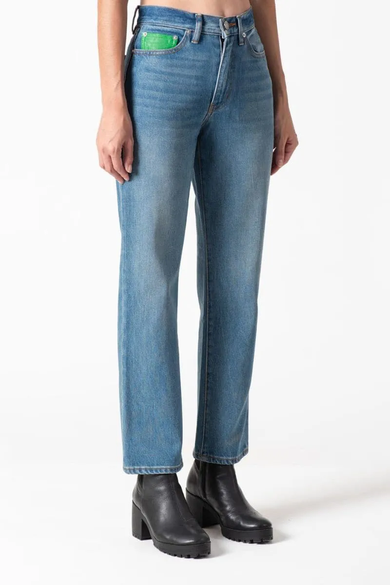 BLUE HIGH-RISE STRAIGHT-LEG JEANS