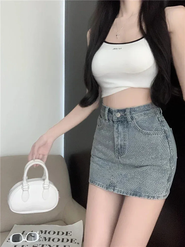 Full Sexy Industry Y2K Diamond Waist Hot Summer Denim Heavy High Skirt