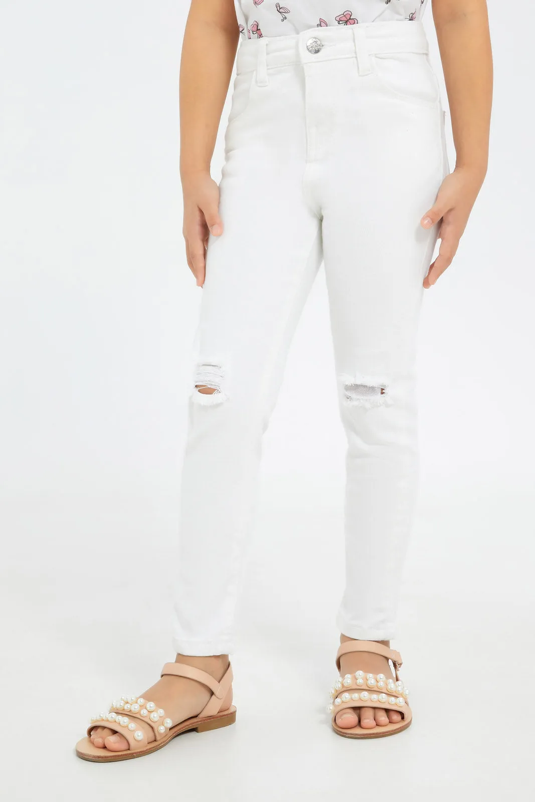 Girls White Skinny Ripped Jeans