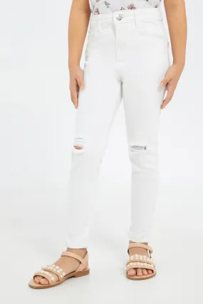 Girls White Skinny Ripped Jeans