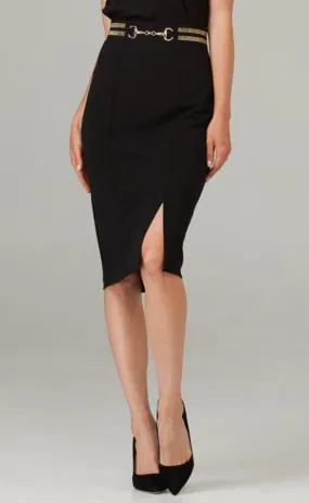 Joseph Ribkoff 203619 Black/Gold Striped Waist Front Slit Pencil Skirt