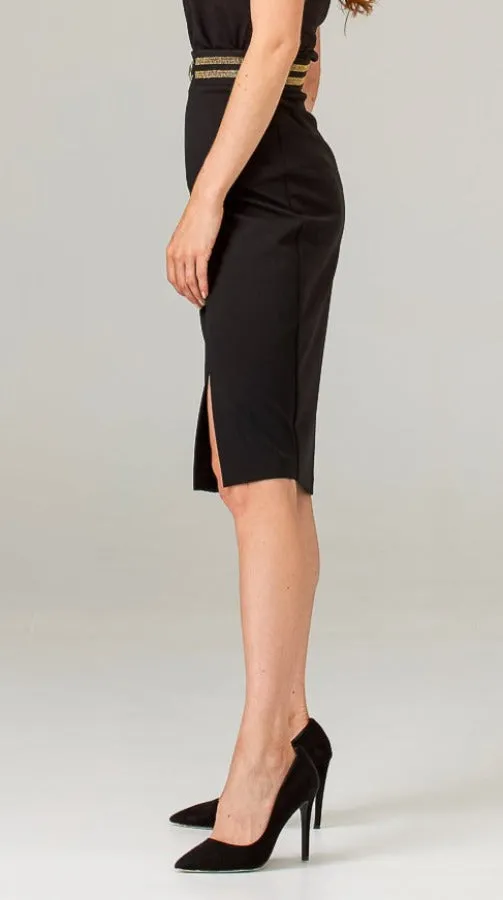 Joseph Ribkoff 203619 Black/Gold Striped Waist Front Slit Pencil Skirt