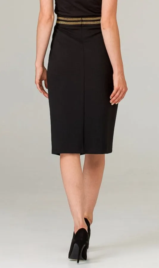 Joseph Ribkoff 203619 Black/Gold Striped Waist Front Slit Pencil Skirt