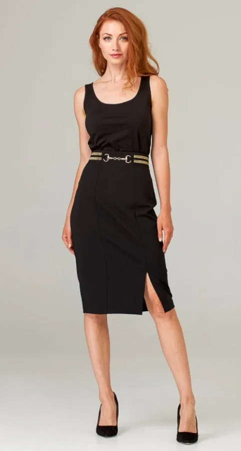 Joseph Ribkoff 203619 Black/Gold Striped Waist Front Slit Pencil Skirt