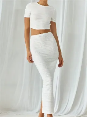 JuliaFashion - Short Sleeve O-neck T-shirts Tops Back Split Long Skirts Streetwear Suits
