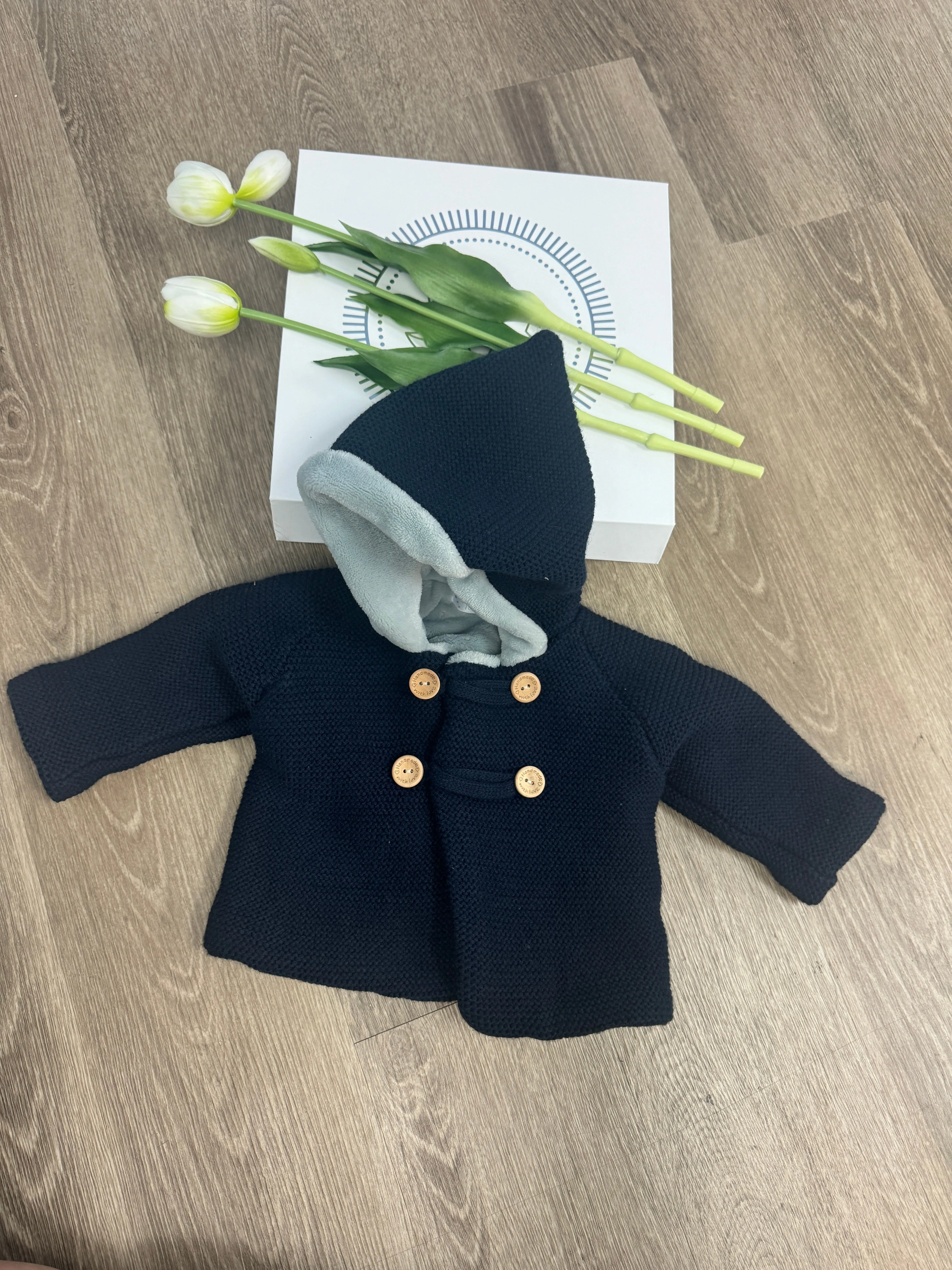 Navy blue Knit Baby Jacket with Fleece Hood and Wooden Buttons