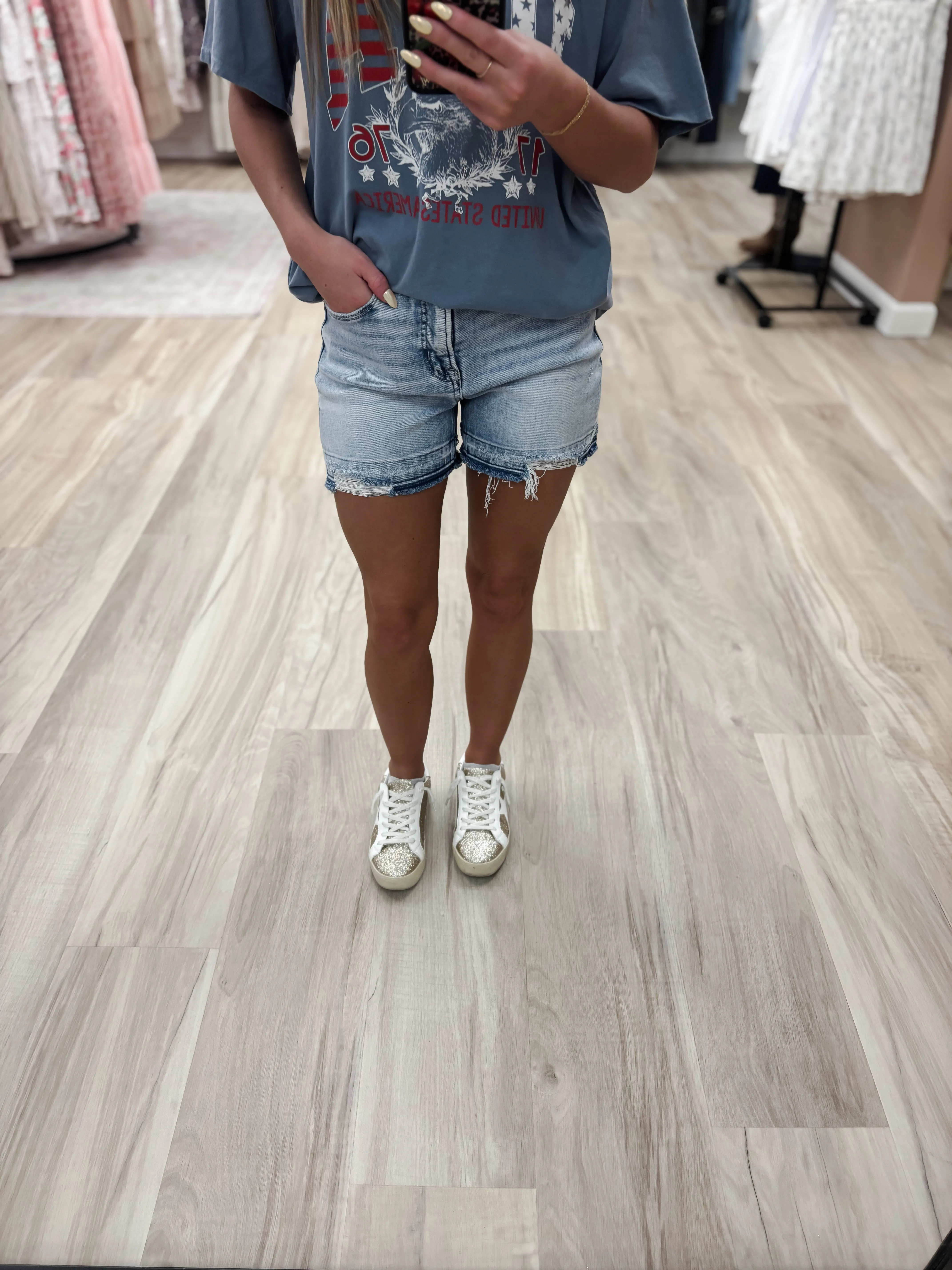 R High Rise Tummy Control Released Hem Light Denim Shorts