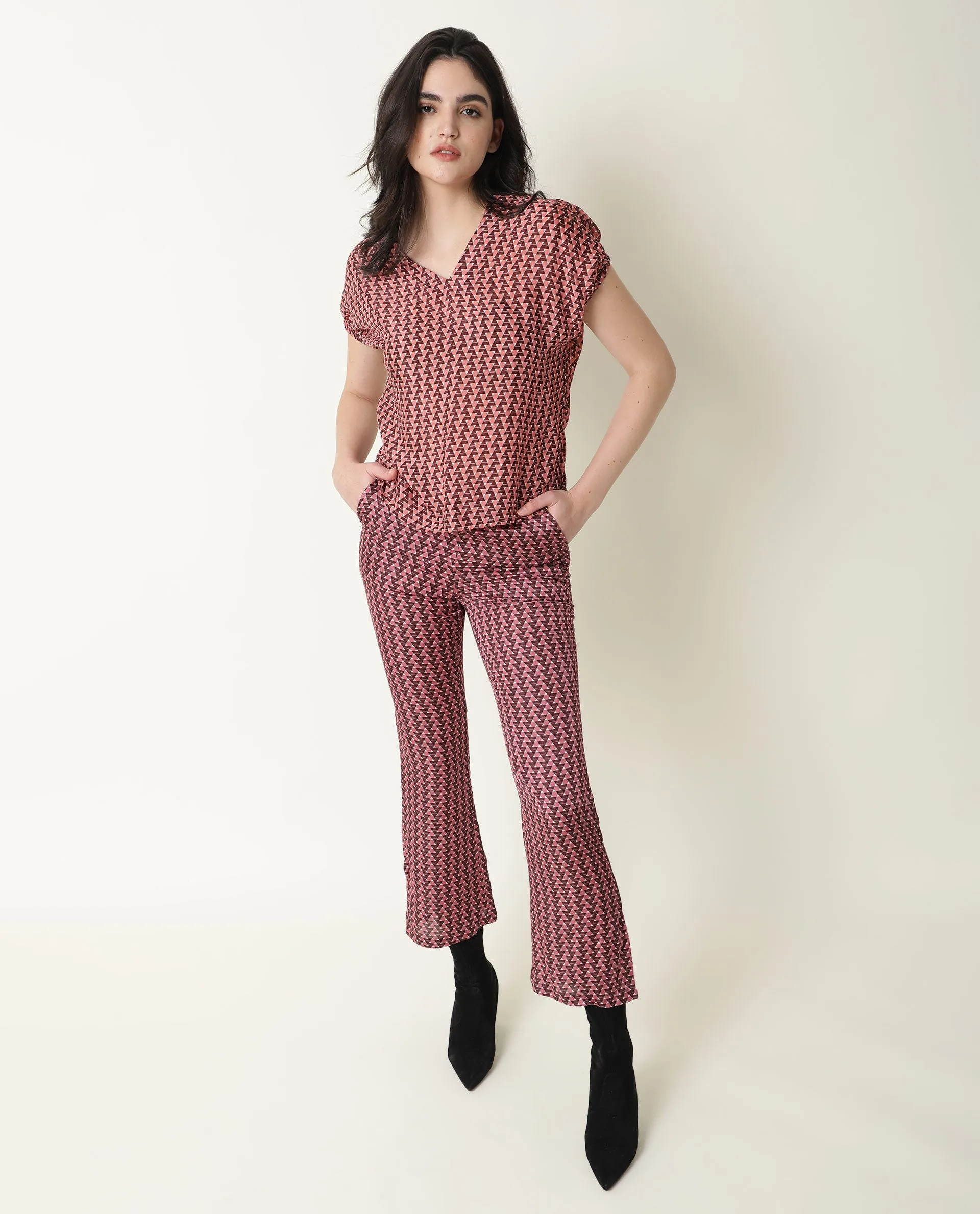 Rareism Women Amilia Beige Viscose Fabric Boot Cut Mid Rise Geometric Print Ankle Length Trousers