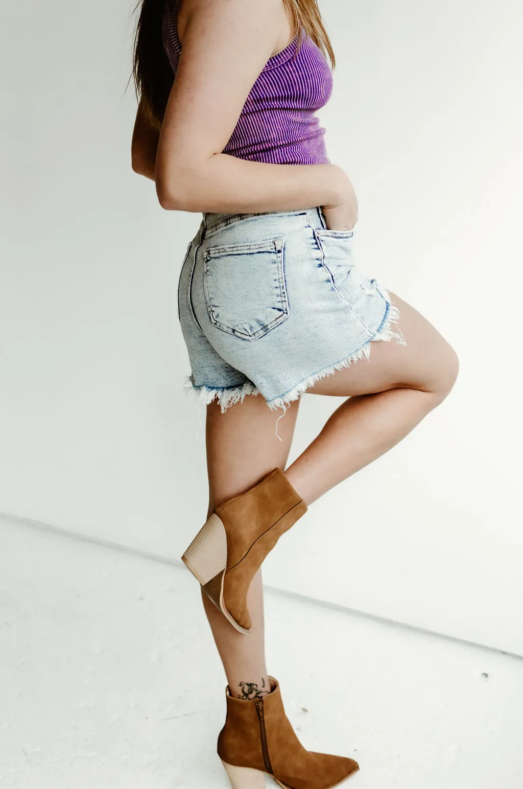 Risen High Rise Distressed Denim Shorts