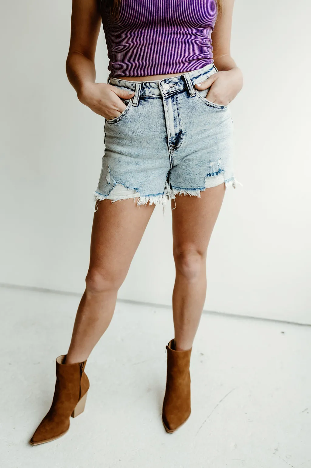Risen High Rise Distressed Denim Shorts