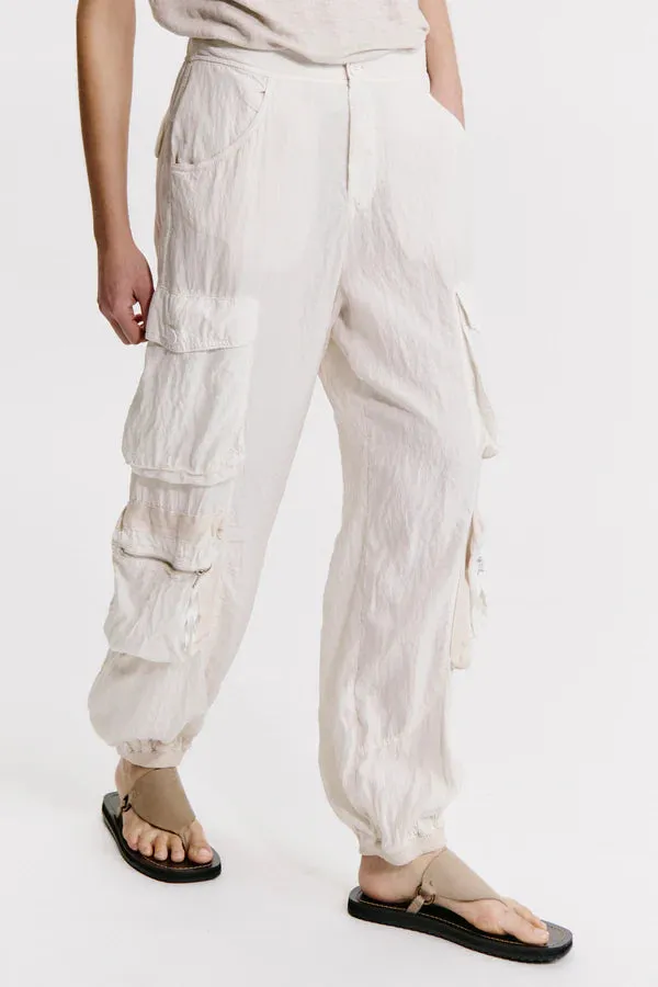 Silk-blend multi-pocket cargo trousers with elastic