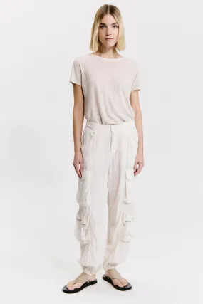 Silk-blend multi-pocket cargo trousers with elastic