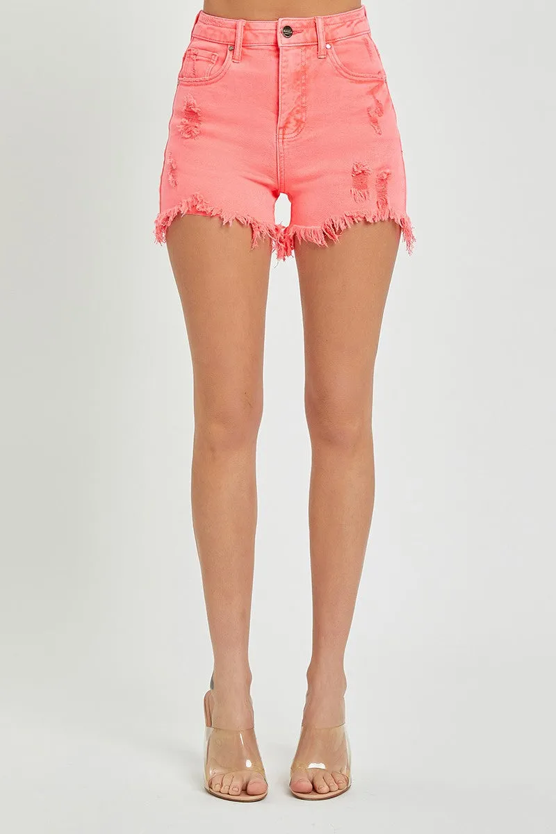 Statement High Rise Distressed Risen Shorts in Coral