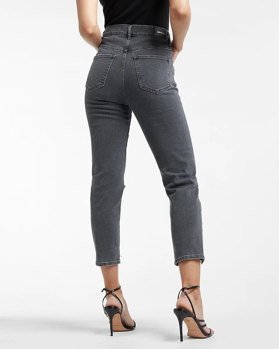 Super High Waisted Black Ripped Raw Hem Mom Jeans in Pitch Black
