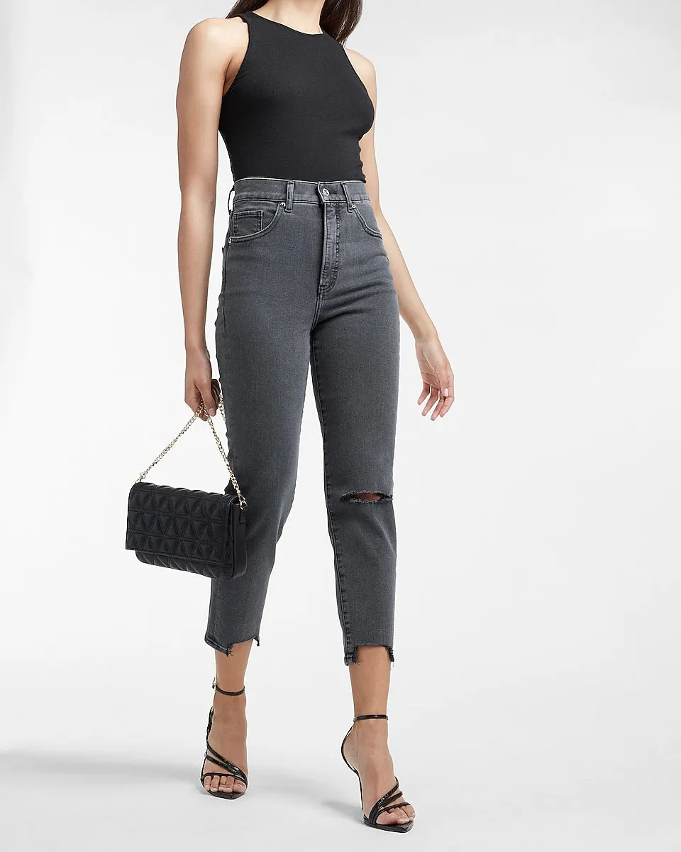 Super High Waisted Black Ripped Raw Hem Mom Jeans in Pitch Black