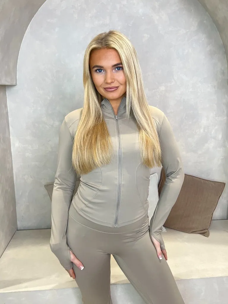Taupe Zip Jacket Wide Leg Trouser Set