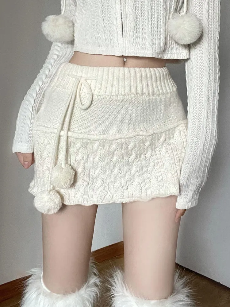 Wjczt y2k Knitted Mini Skirts Lace Up Fur Cute Sweet Pencil Skirts Twist Skinny Low Waisted Short Women Skirts Autumn Chic