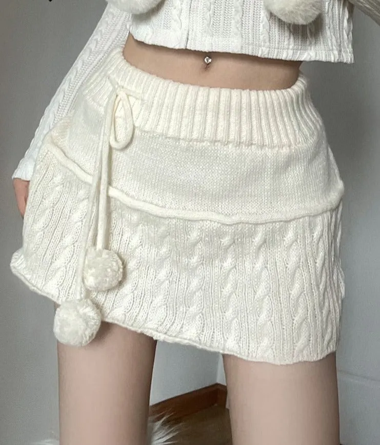 Wjczt y2k Knitted Mini Skirts Lace Up Fur Cute Sweet Pencil Skirts Twist Skinny Low Waisted Short Women Skirts Autumn Chic