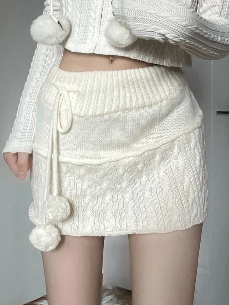 Wjczt y2k Knitted Mini Skirts Lace Up Fur Cute Sweet Pencil Skirts Twist Skinny Low Waisted Short Women Skirts Autumn Chic